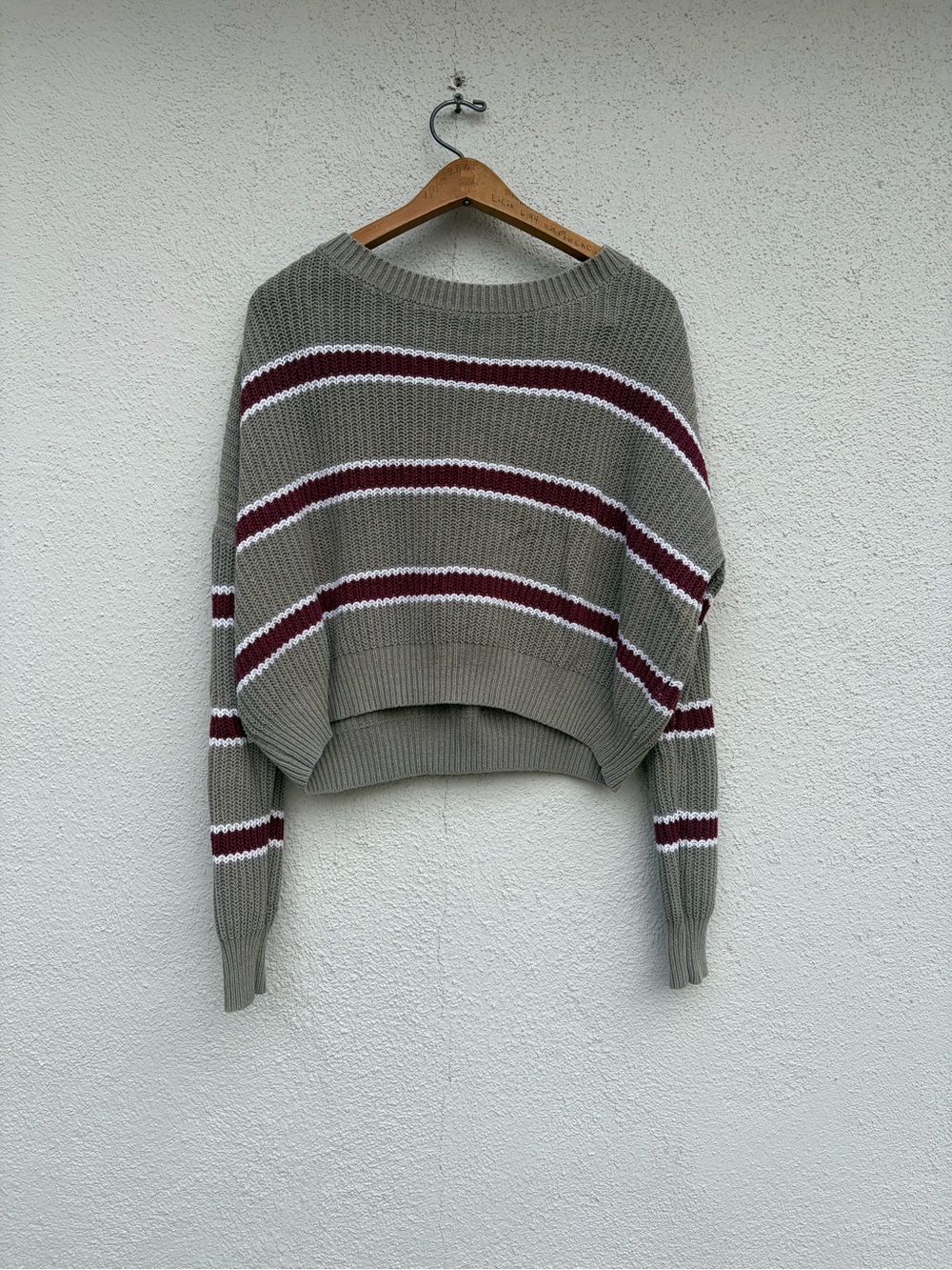 Ambiance apparel Cropped Olive Stripe Knit Sweater with Burgundy Accents Size L
